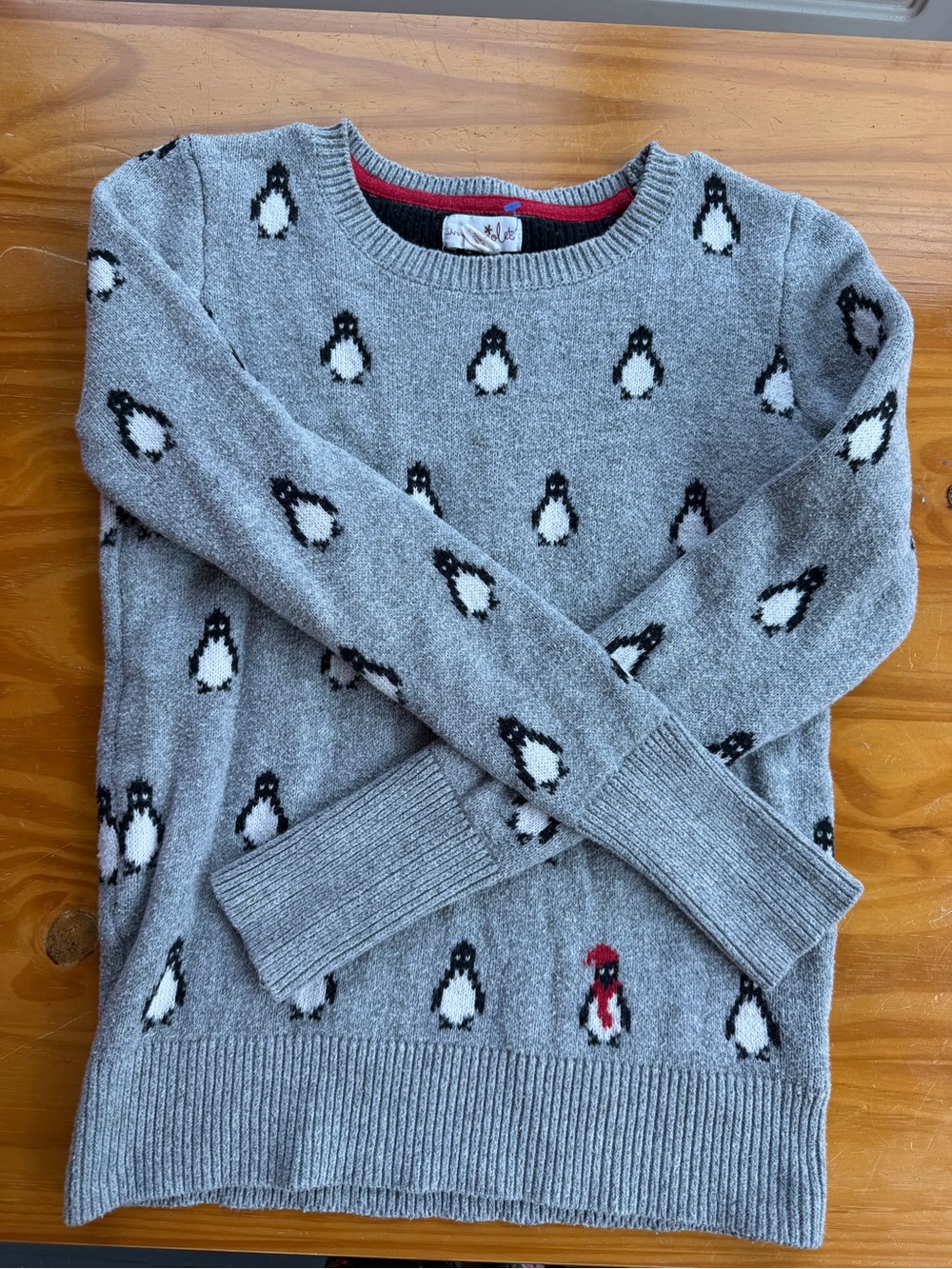 Shrinking Violet Gray Penguin Crewneck Sweater with Red Accent